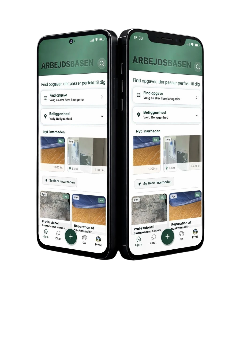 Arbejdsbasen app vist på to telefoner